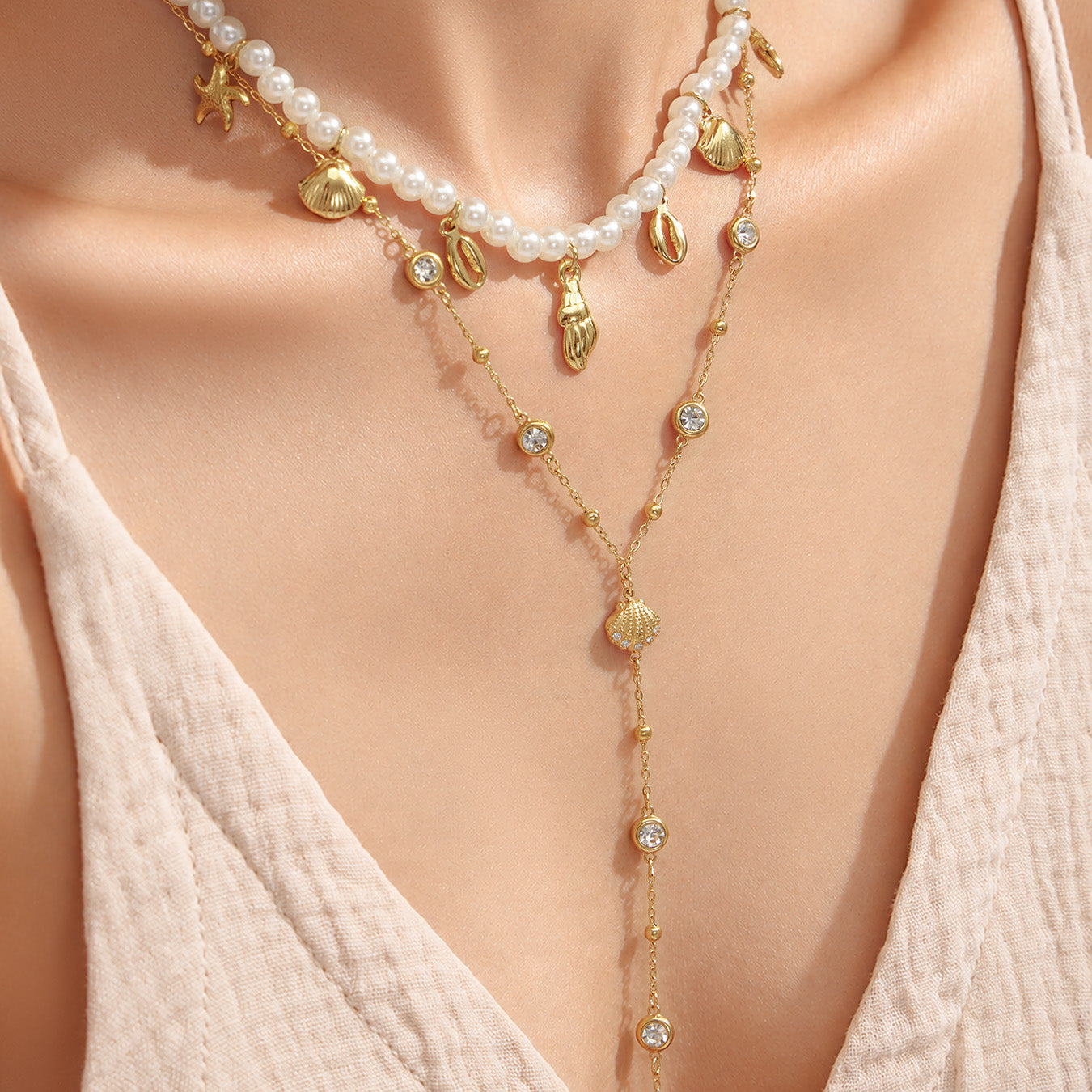 316L Stainless Steel 18K PVD Gold Ocean Shell Y-Shaped Necklace made with 316L stainless steel and 18K PVD gold finish for wholesale jewelry buyers - image 9