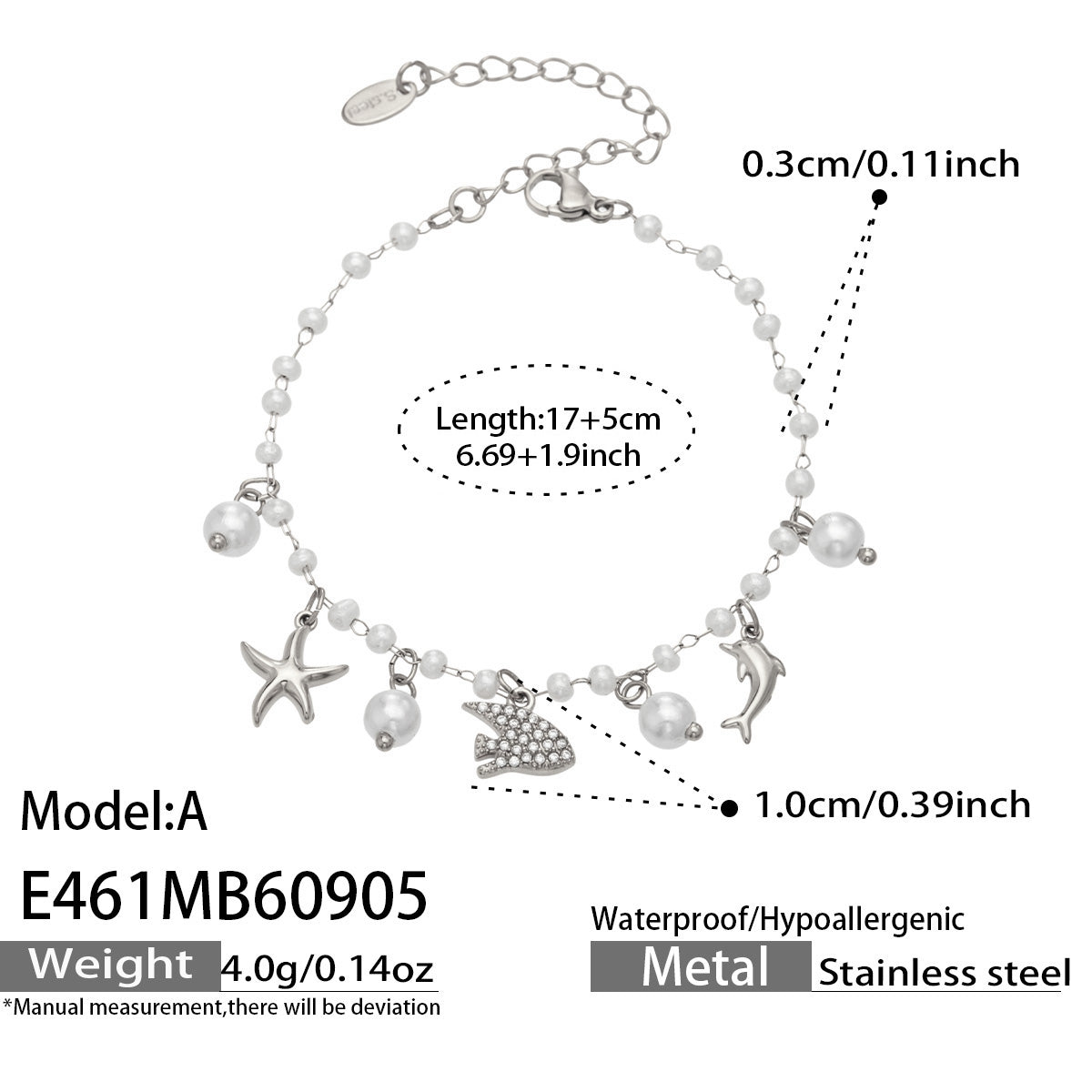 Steel finish manta ray ocean charm pearl bracelet size guide with adjustable chain measurements