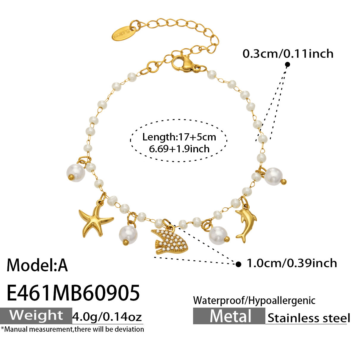 Gold dolphin ocean charm pearl bracelet size guide with adjustable extension chain measurements