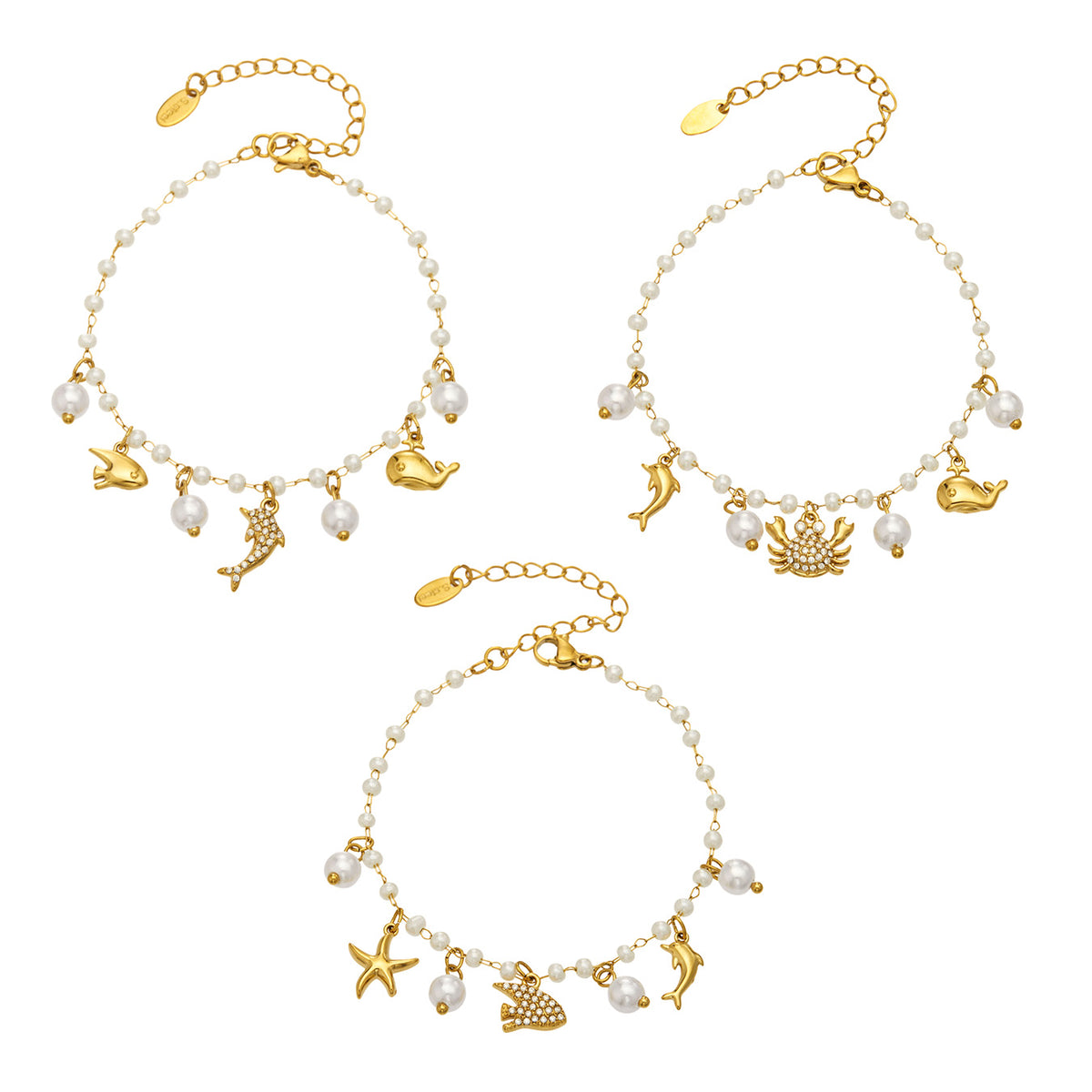 Gold stainless steel ocean charm pearl bracelets with three marine-inspired designs and pearl bead details
