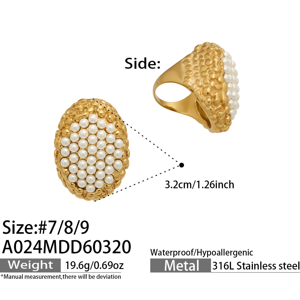 Oversized oval faux pearl cluster ring dimensions and product specification guide
