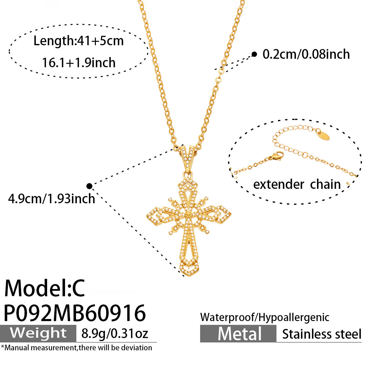P092 Model C zircon cross necklace size details
