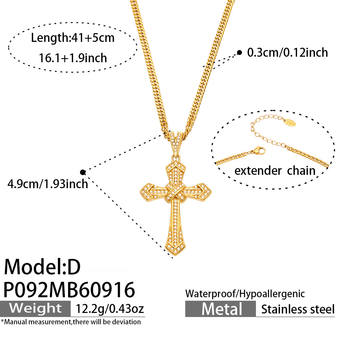 P092 Model D zircon cross necklace size details