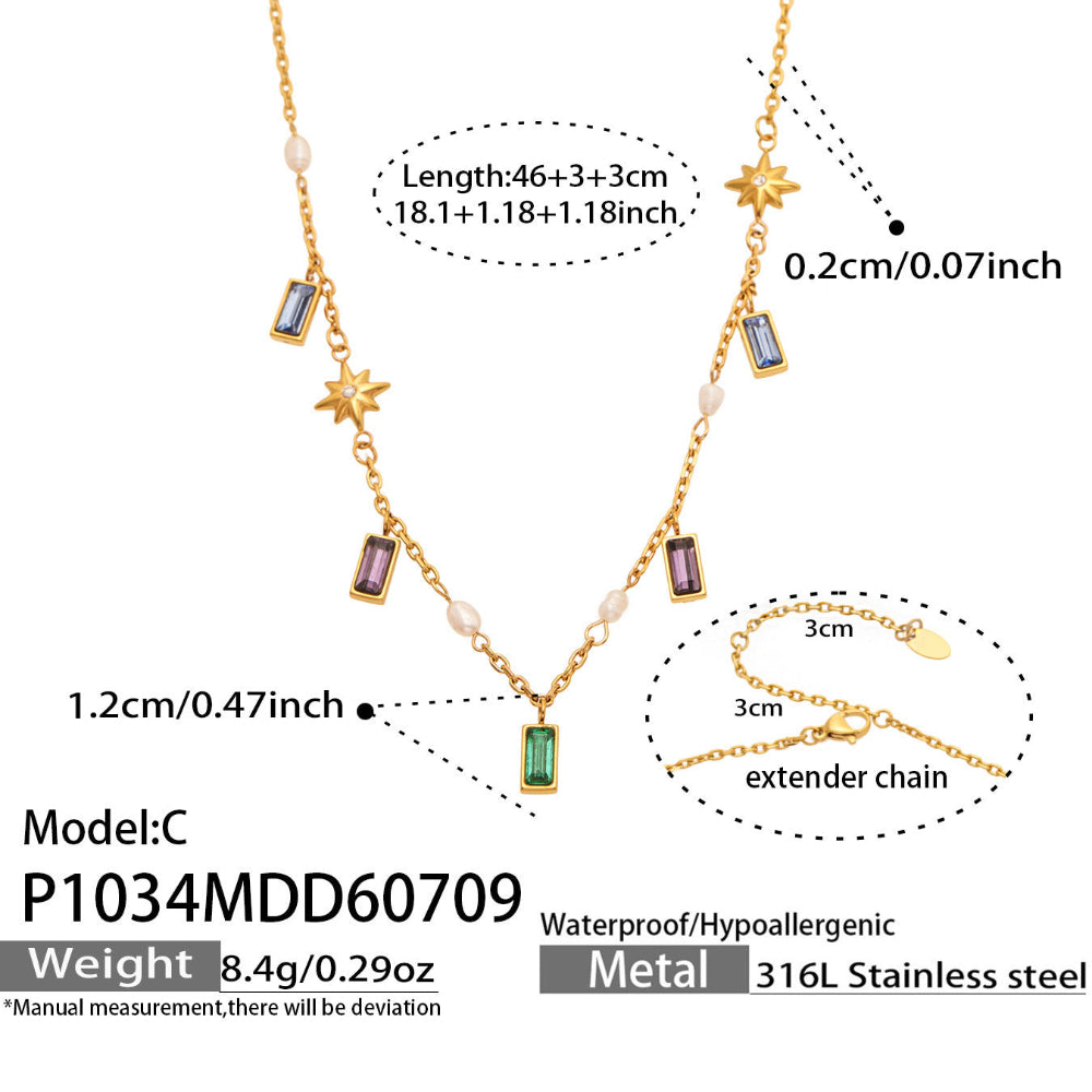 P1034 purple glass stone zircon accent necklace with gold tone chain and adjustable 46+6cm length