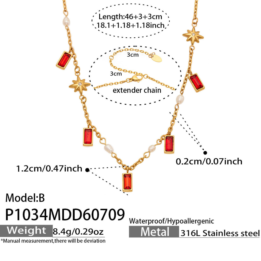 P1034 red glass stone pearl accent necklace with gold tone chain and 46+6cm adjustable length