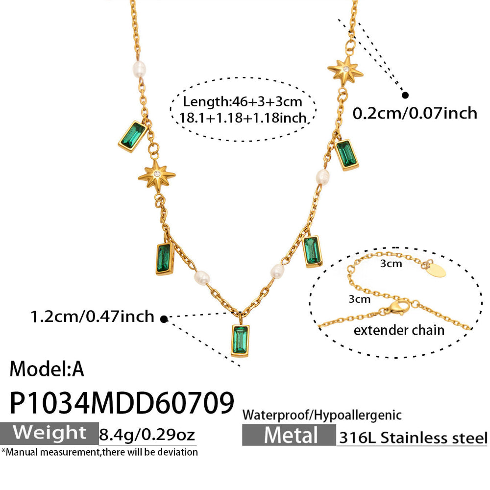 P1034 red glass stone zircon accent necklace with gold tone chain and colorful charm pendant design