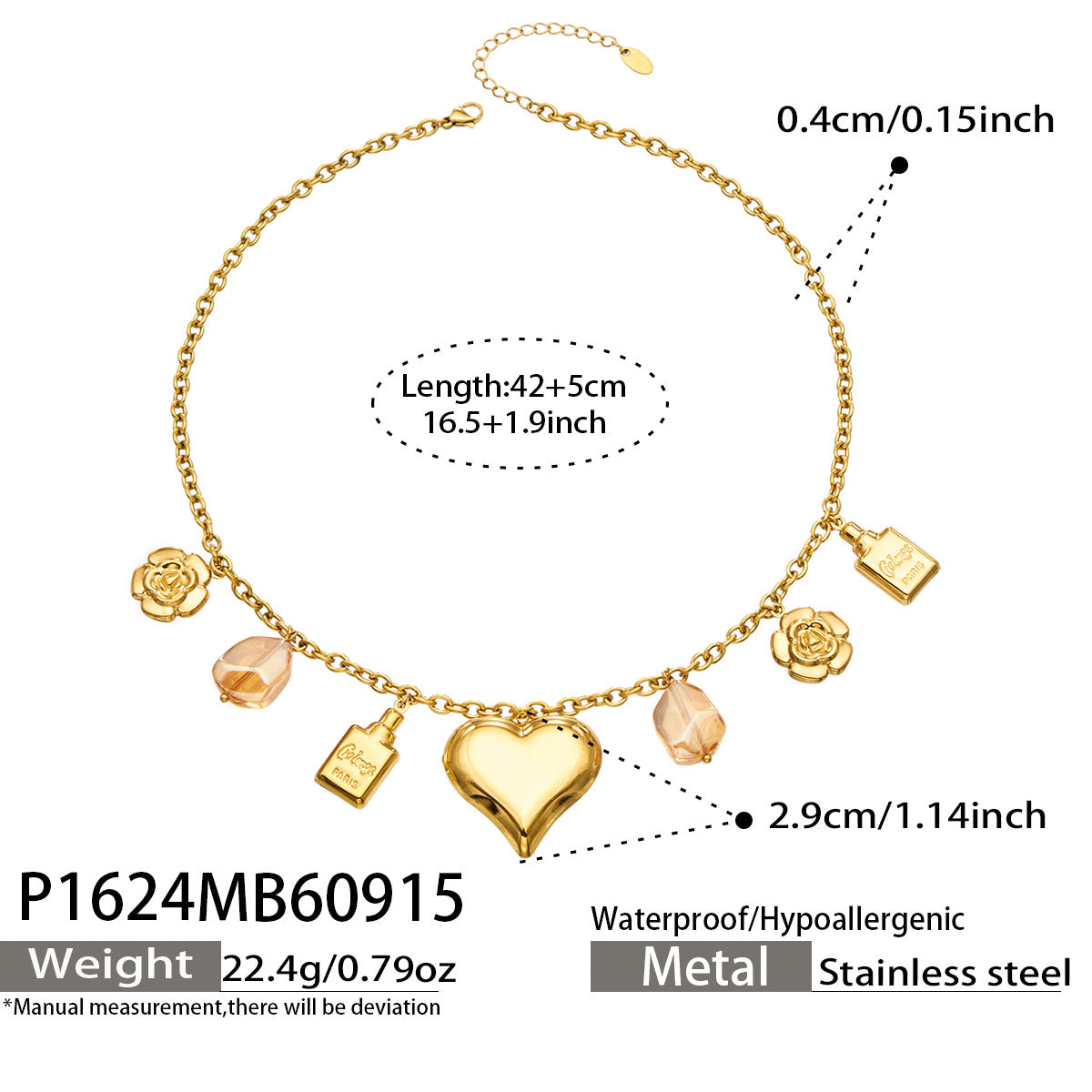 P1624 heart and resin multi-charm necklace 42+5 cm size details