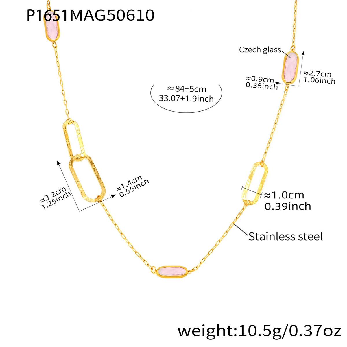 P1651 gold pink glass stone necklace size details, 84+5 cm