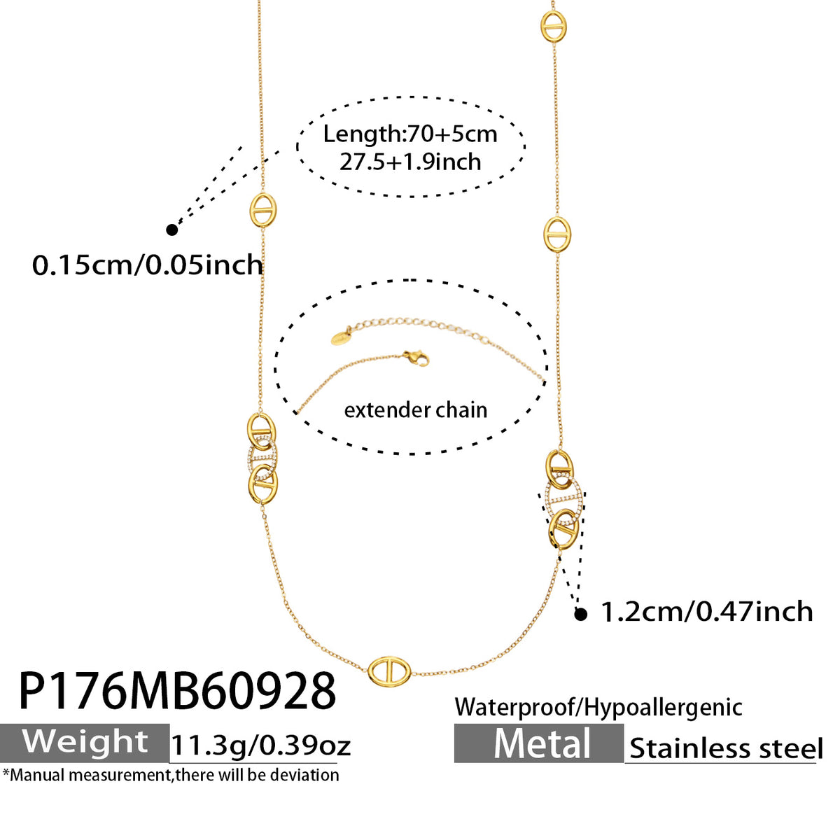 P176 stainless steel long geometric link necklace size and weight specification details