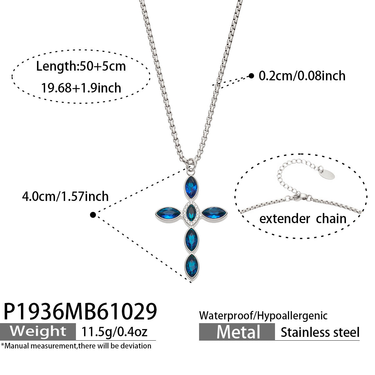 Miduoduo P1936 Steel Blue Crystal Cross Necklace Dimension & Weight Specs