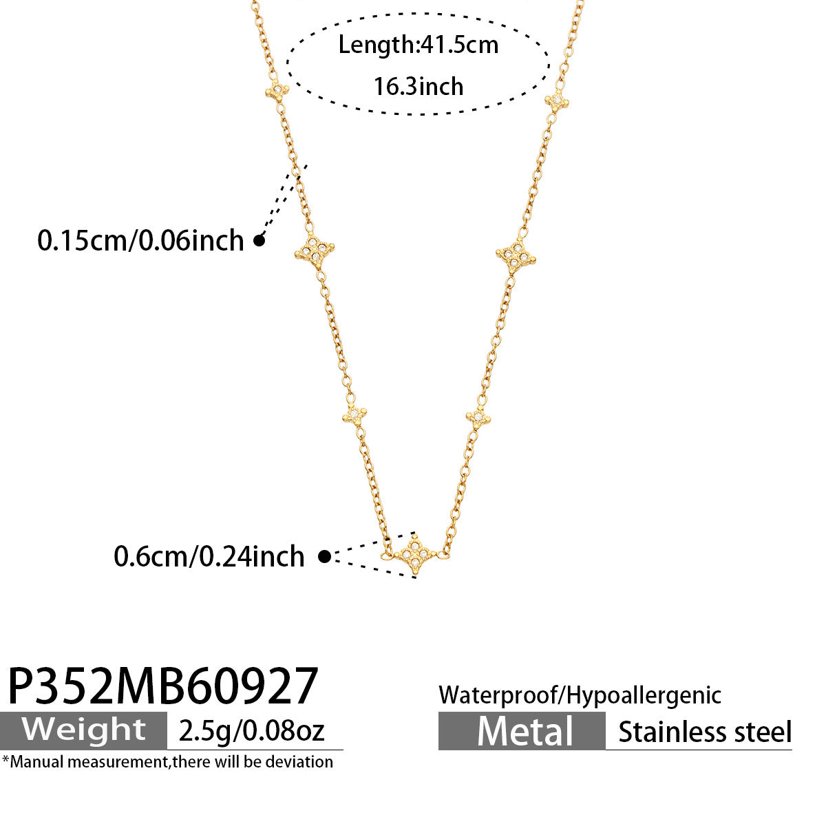 P352 zircon station necklace size guide with 41.5 cm chain length