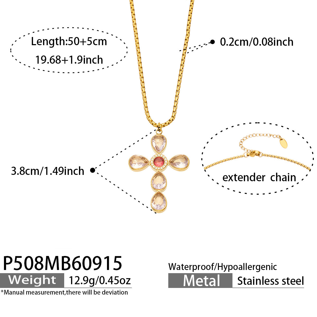P508 purple stone gold-tone cross necklace 50+5 cm size details
