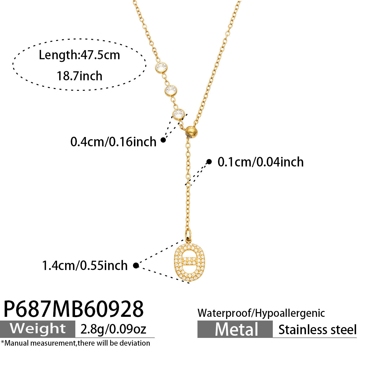 P687 stainless steel zircon Y necklace with 47.5 cm length and product specification details