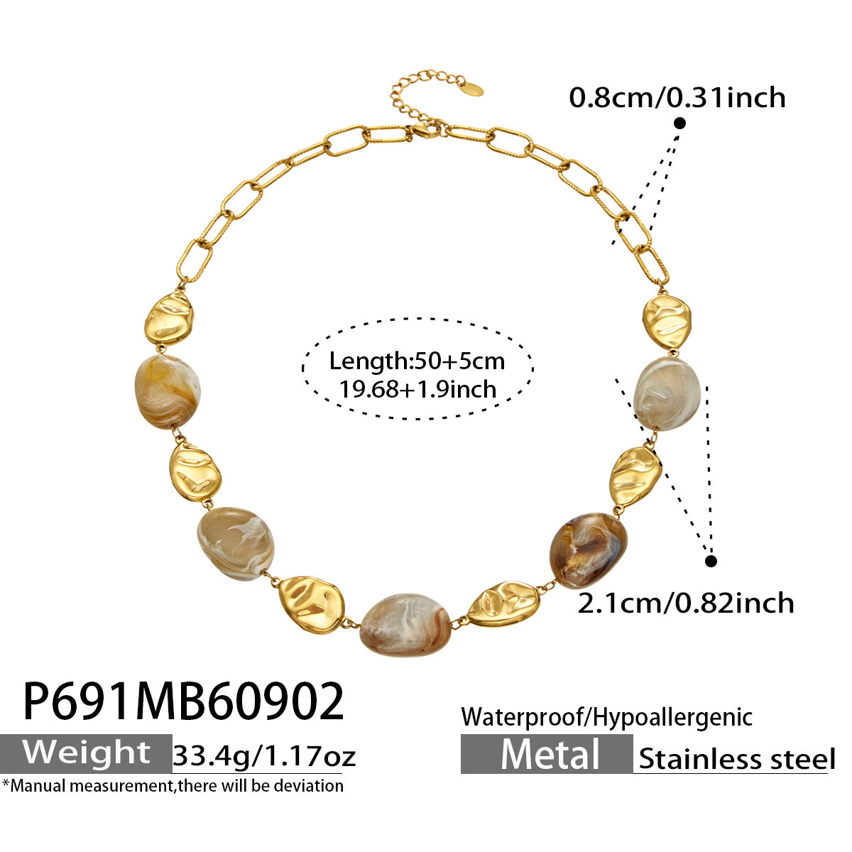 P691 organic resin bead necklace size and product details with 50+5 cm adjustable length