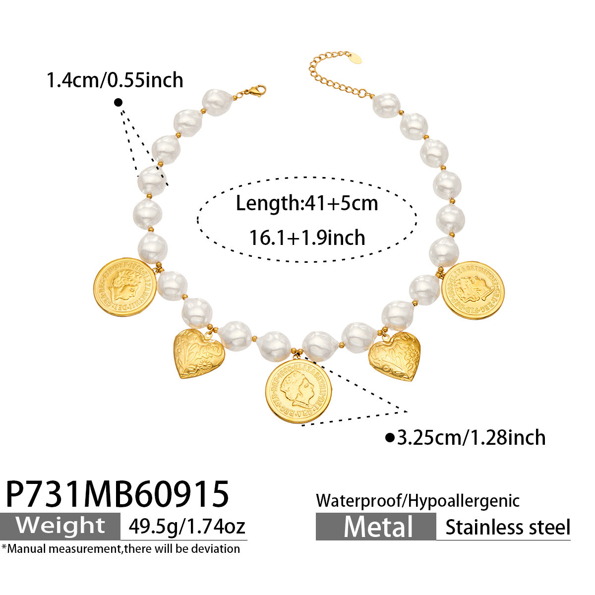 P731 gold-tone beaded heart charm necklace 41+5 cm size details