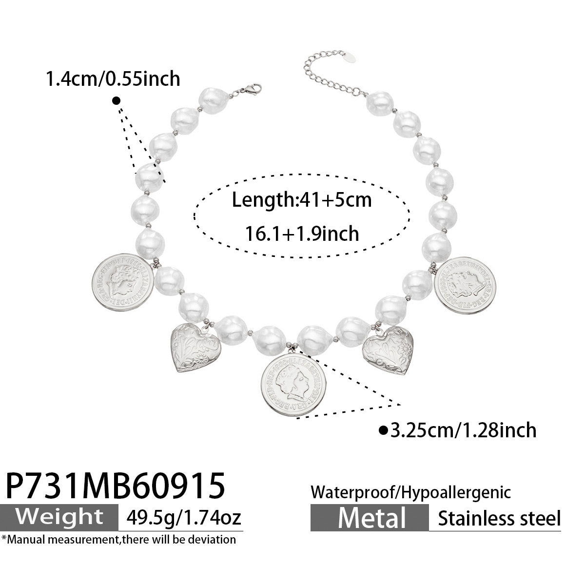 P731 steel-tone beaded heart charm necklace 41+5 cm size details