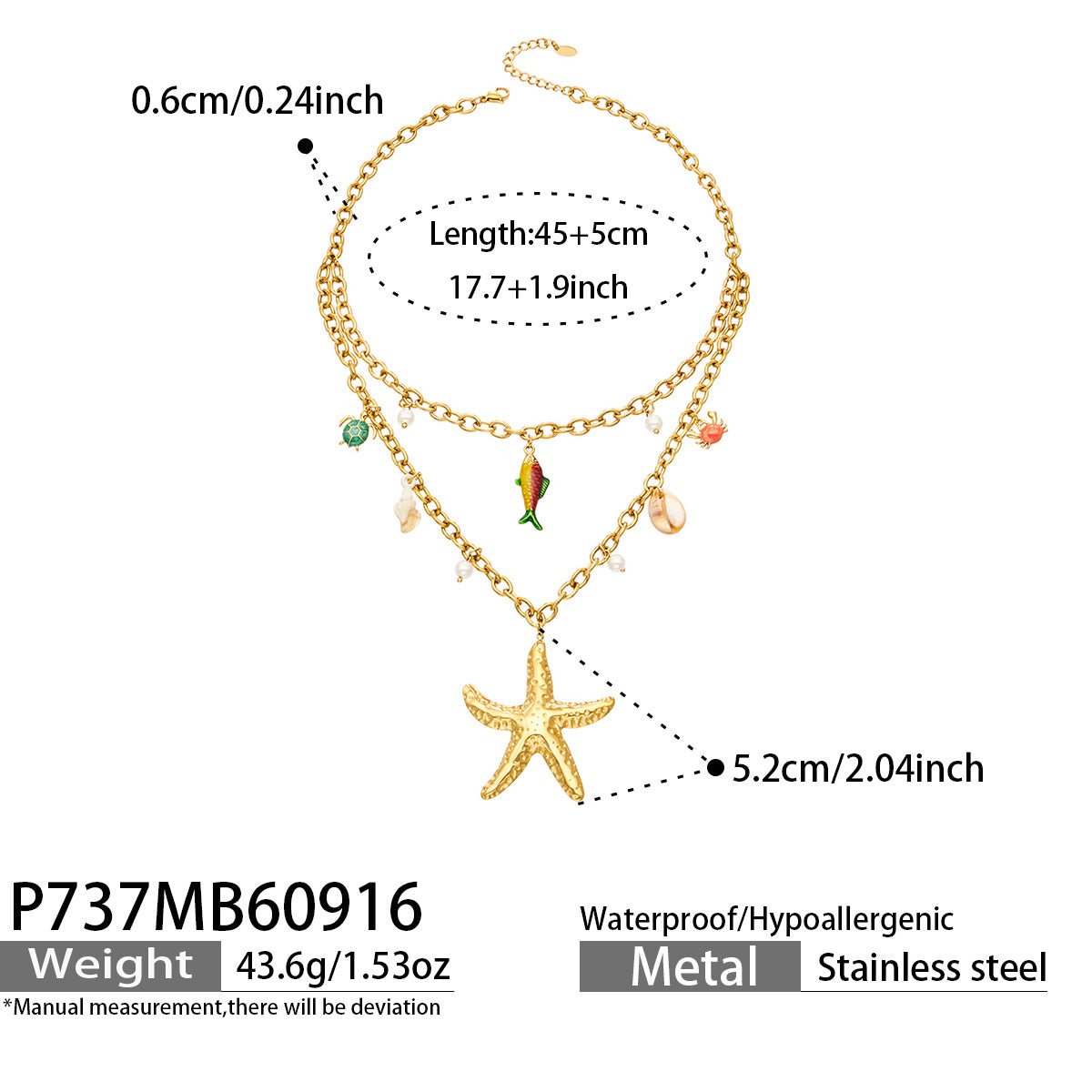 P737 gold tone sea life charm necklace 45+5 cm size details
