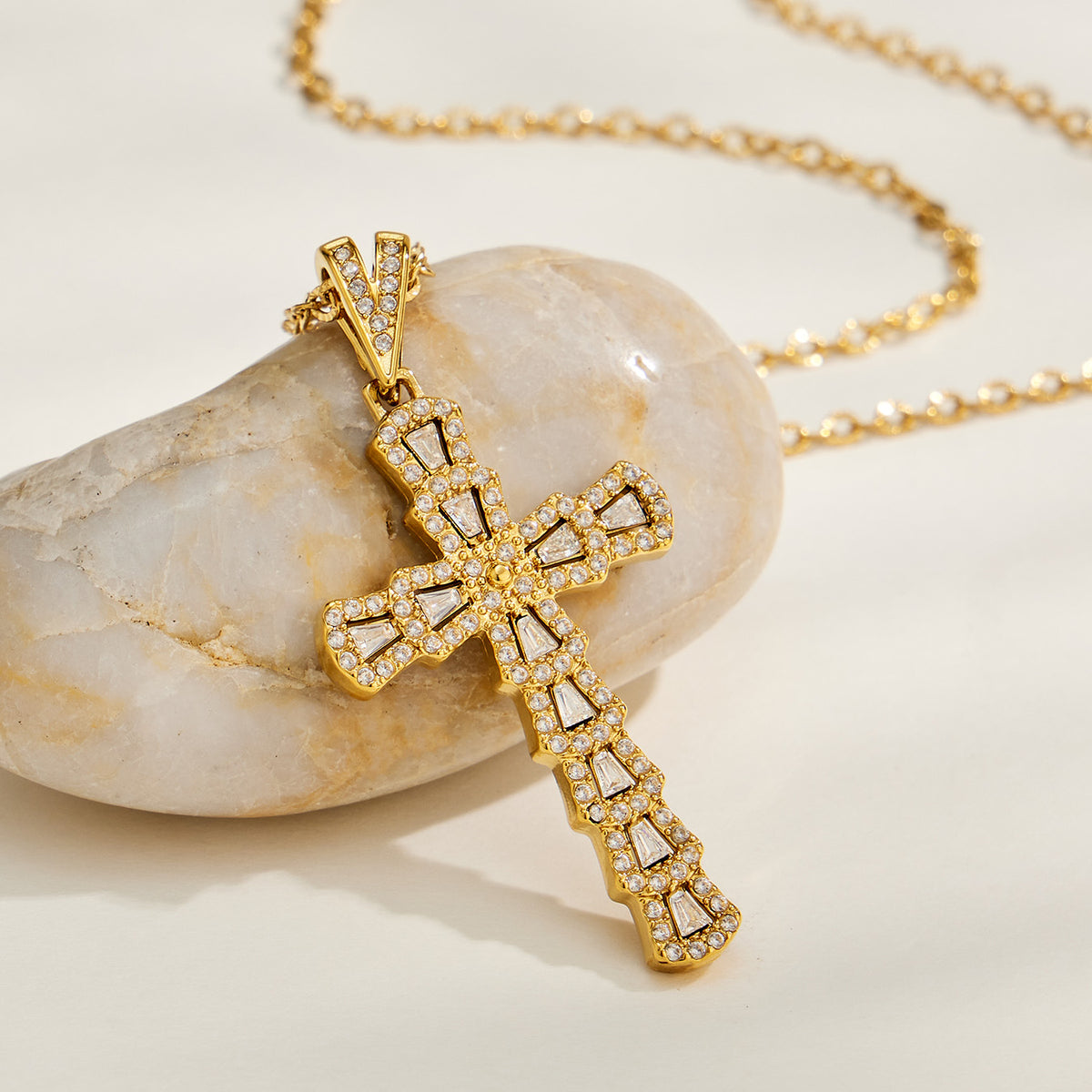 Pavé zircon cross necklace detail