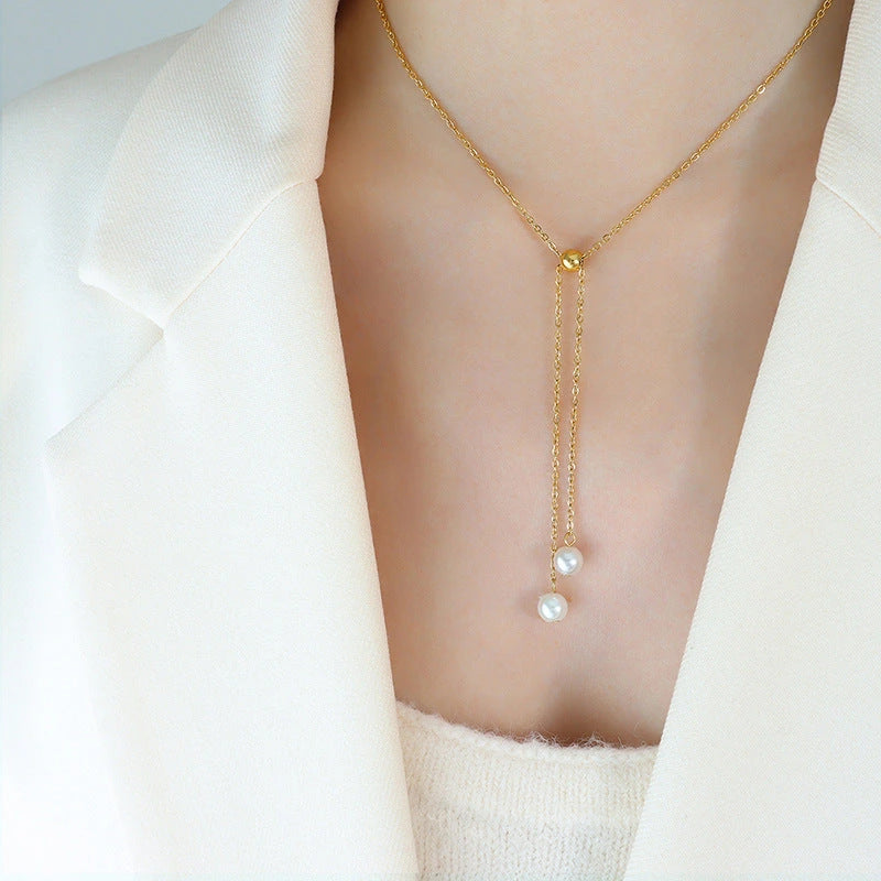 316L stainless steel pearl drop Y-lariat necklace worn by model