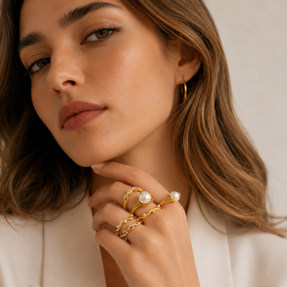 316L Stainless Steel 18K PVD Gold Pearl Ring Set made with 316L stainless steel and 18K PVD gold finish for wholesale jewelry buyers - image 8