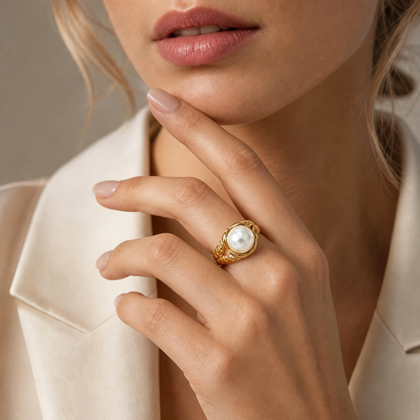 316L Stainless Steel 18K PVD Gold Pearl & Zircon Ring Set made with 316L stainless steel and 18K PVD gold finish for wholesale jewelry buyers - image 7