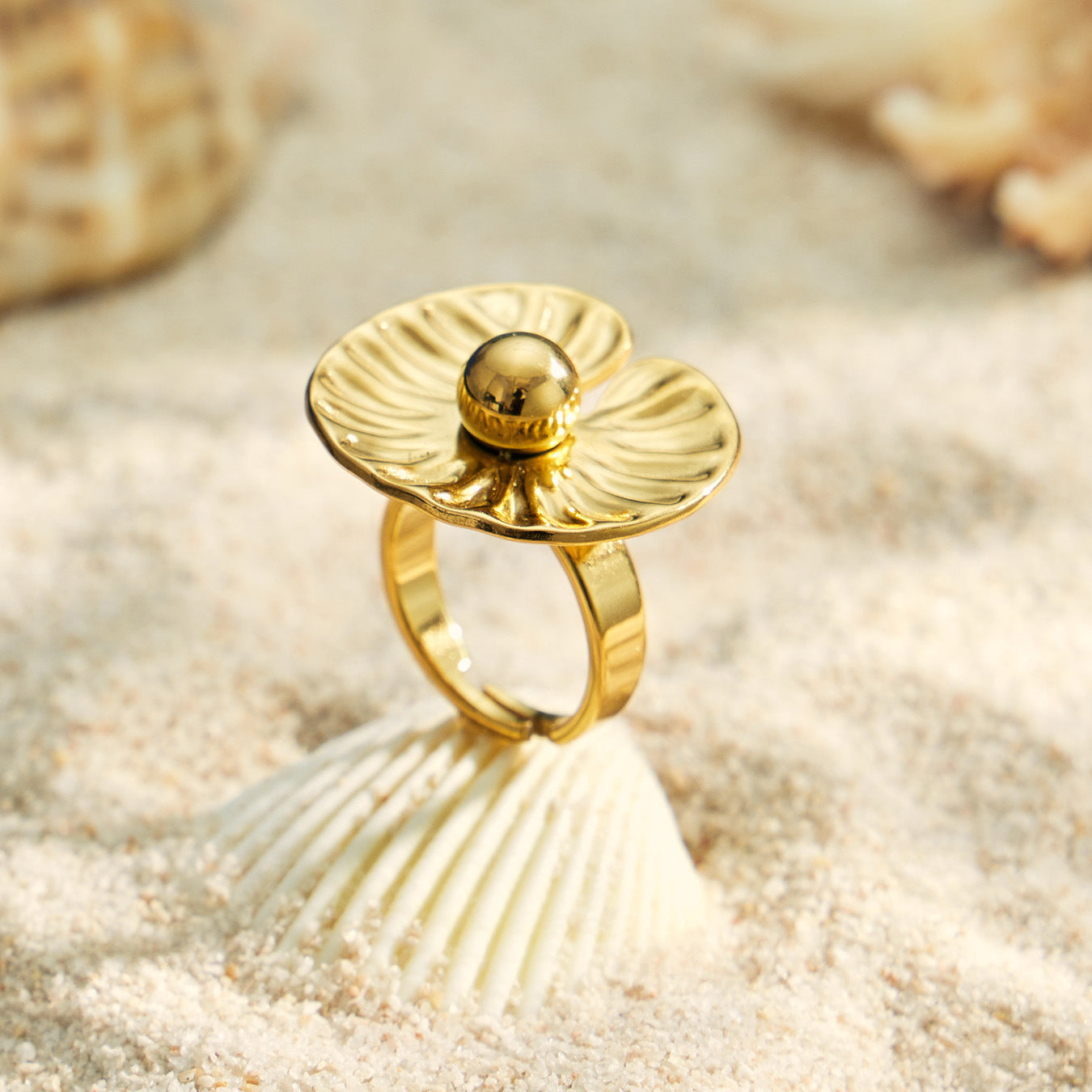 316L Stainless Steel 18K PVD Gold Petal Pearl Ring Set made with 316L stainless steel and 18K PVD gold finish for wholesale jewelry buyers - image 4
