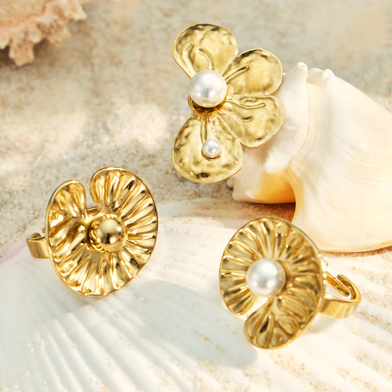 316L Stainless Steel 18K PVD Gold Petal Pearl Ring Set made with 316L stainless steel and 18K PVD gold finish for wholesale jewelry buyers - image 7