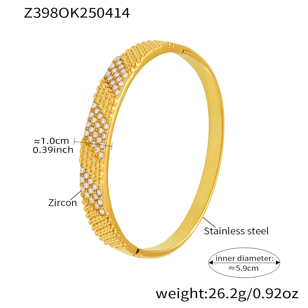 18k gold plated stainless steel 5a white zircon bangle (z398ok250414), inner diameter 5.9cm, weight 26.2g