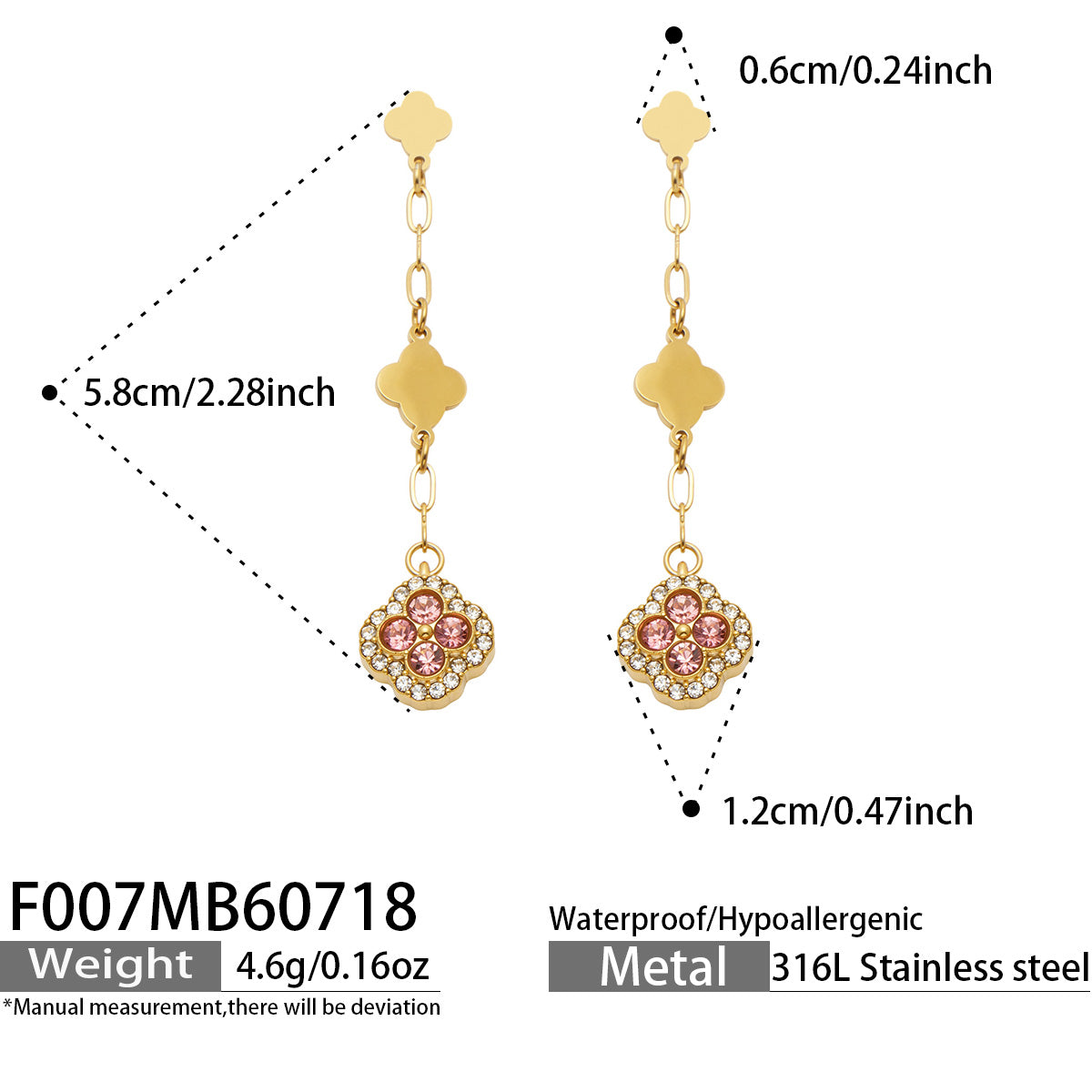 Size specifications for pink crystal clover drop earrings in an 18K PVD gold finish