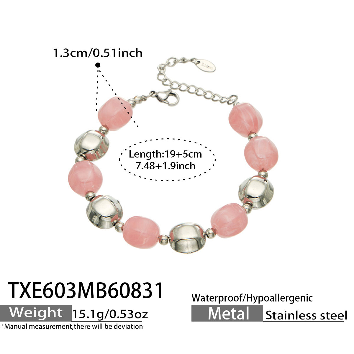 Specification card for a pink resin bead bracelet with stainless steel accent beads.