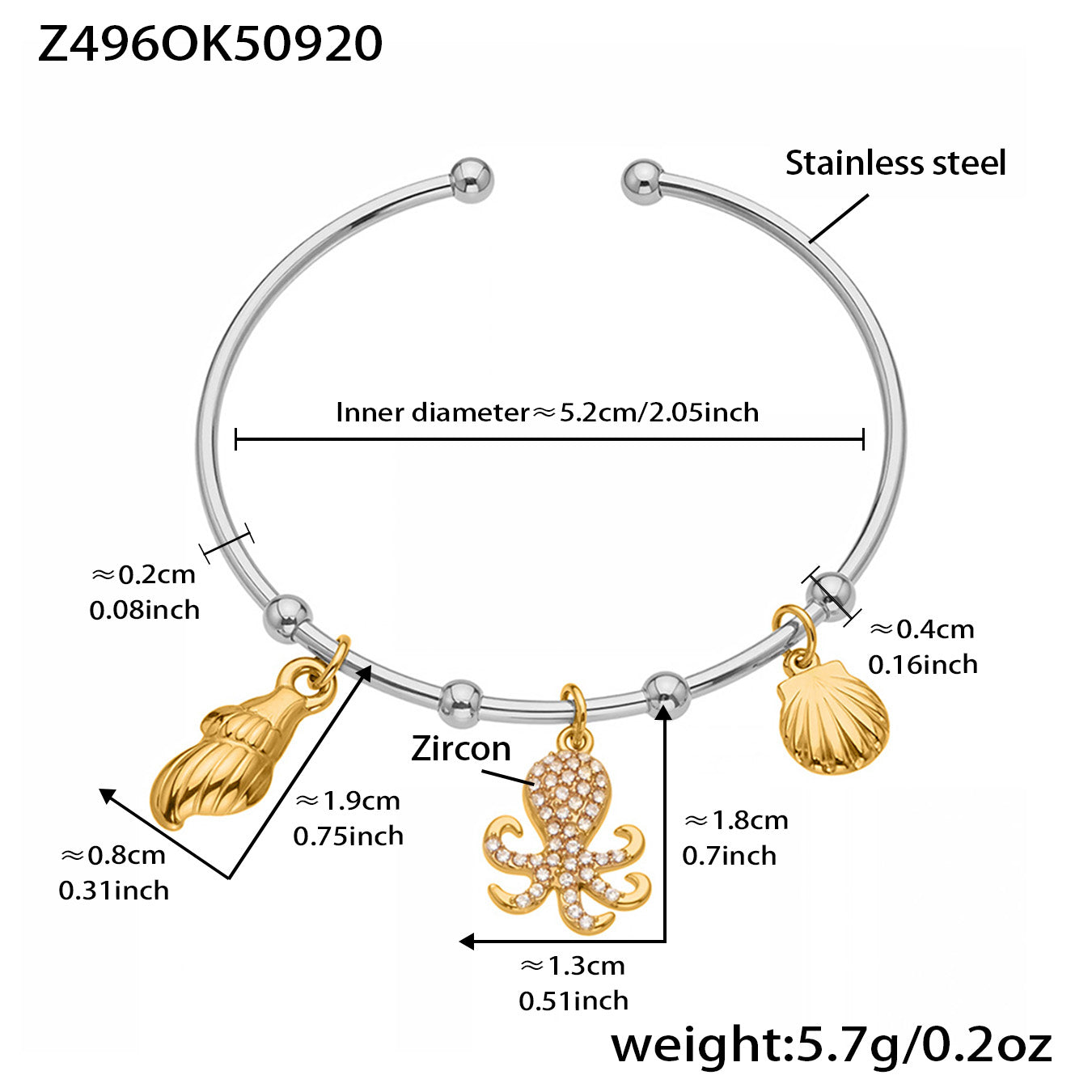 Polished silver stainless steel ocean bangle spec view (shell/octopus/zircon pendants), inner diameter 5.2cm, weight 5.7g