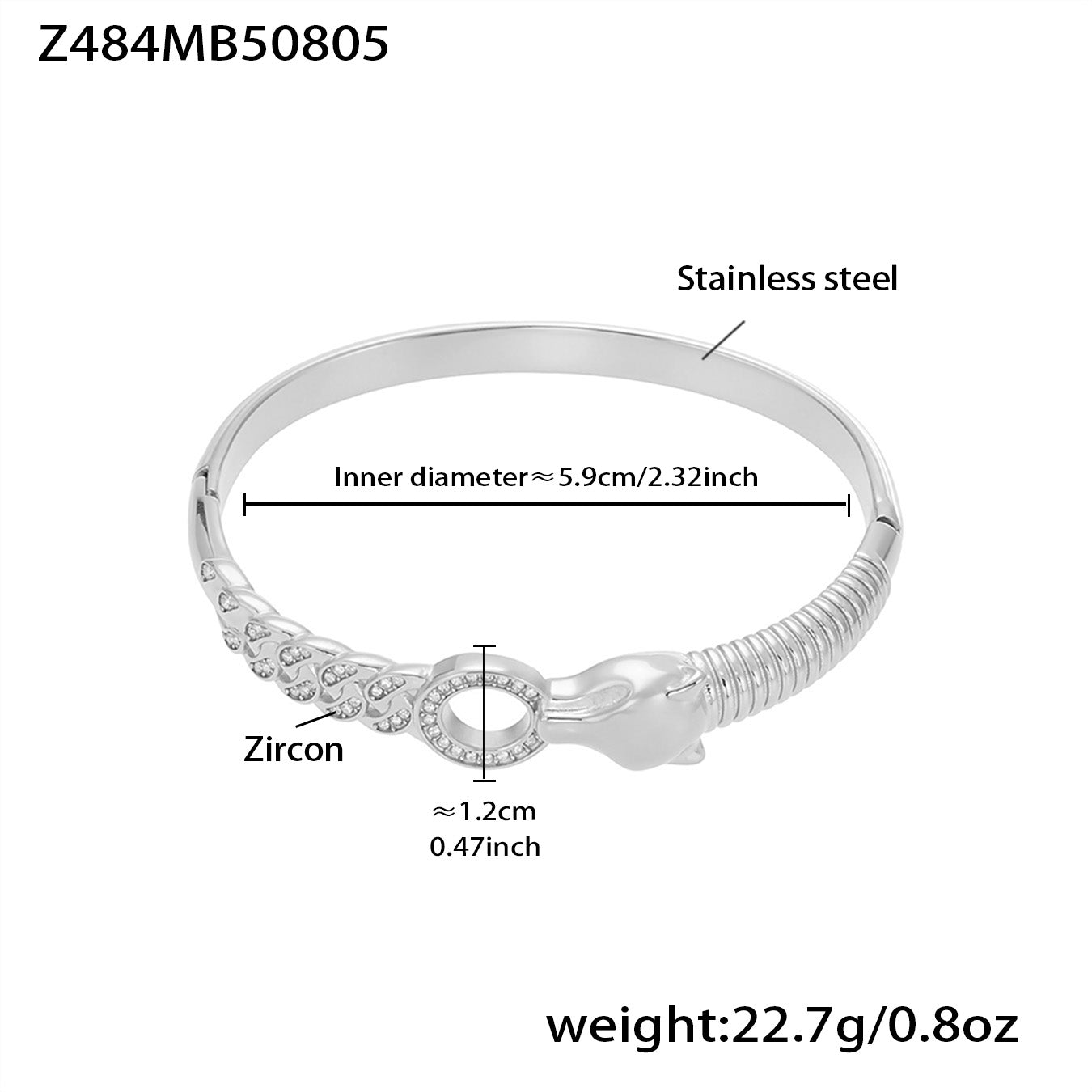 polished silver stainless steel leopard head zircon bracelet spec view, inner diameter 5.9cm, weight 22.7g