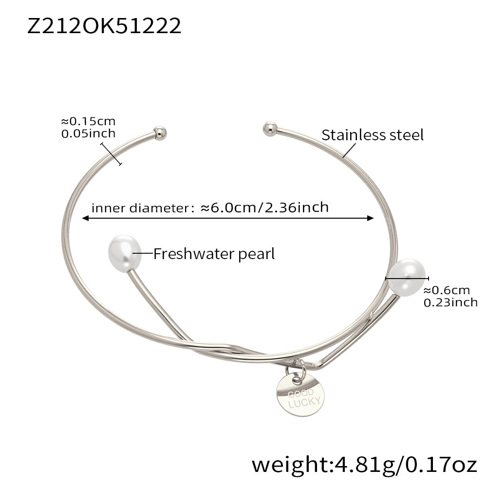 Polished silver stainless steel pearl & lucky tag bangle spec view, inner diameter 6.0cm, weight 4.81g