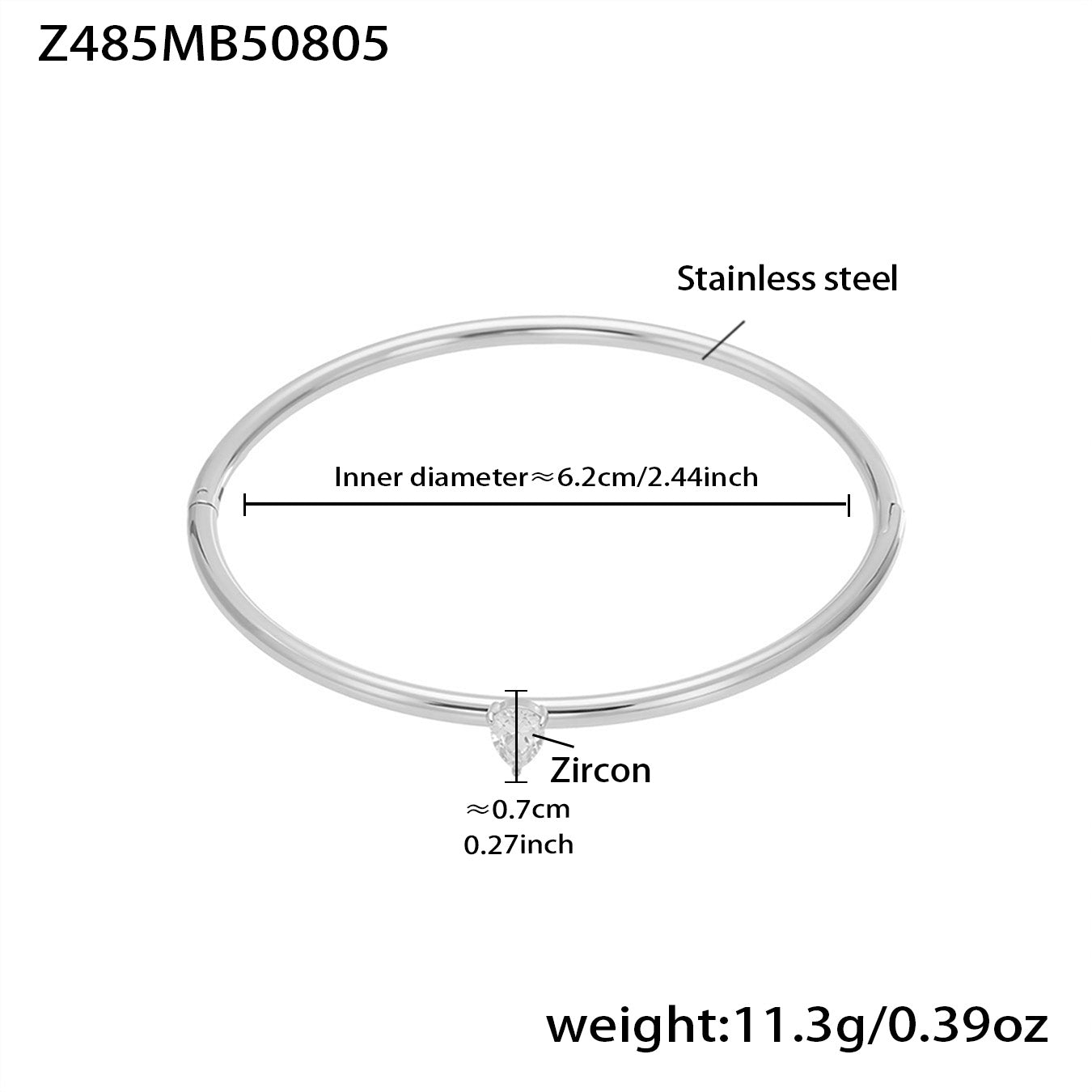 polished silver stainless steel single zircon bracelet spec view, inner diameter 6.2cm, weight 11.3g