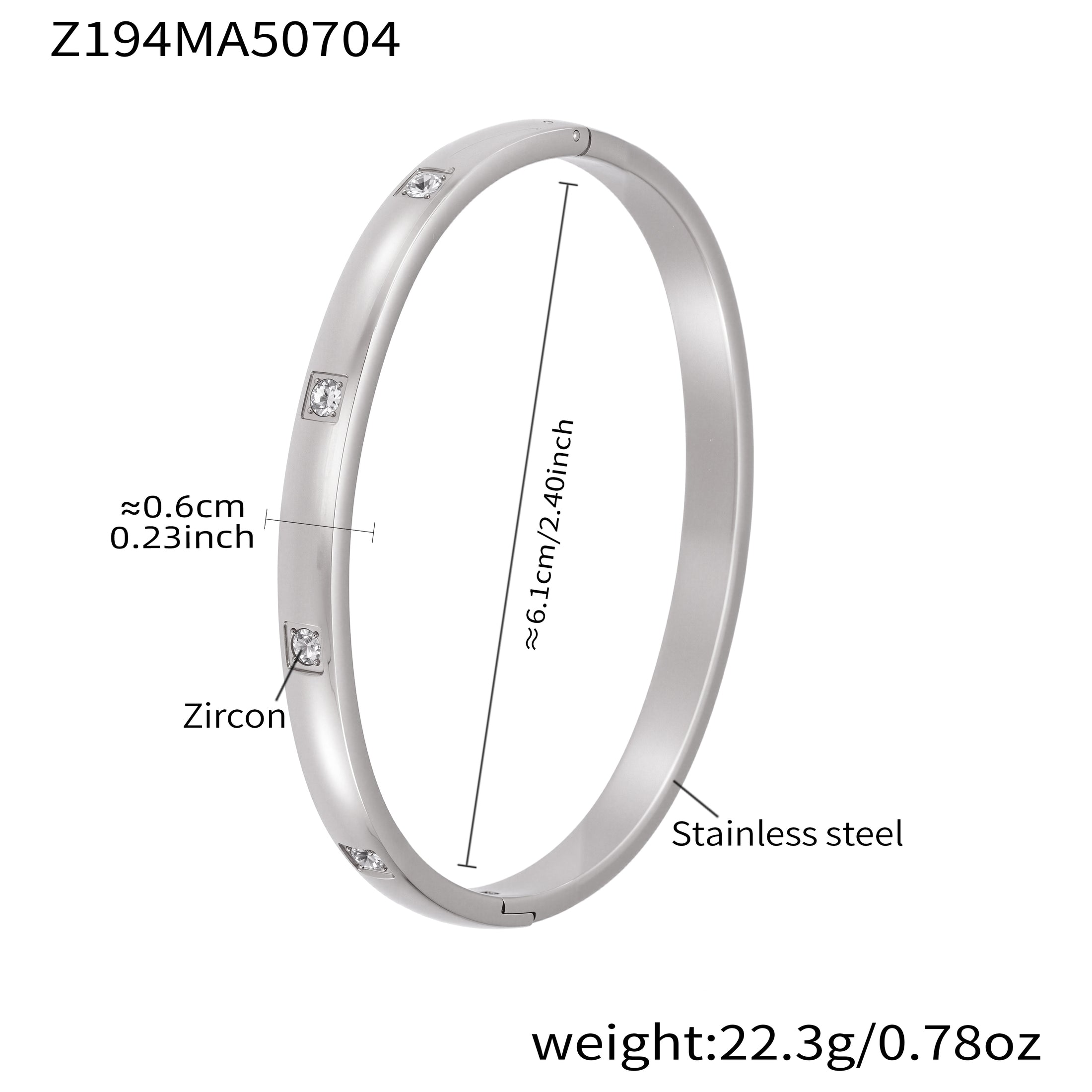 polished silver stainless steel square zircon bangle spec view, inner diameter 6.1cm, weight 22.3g