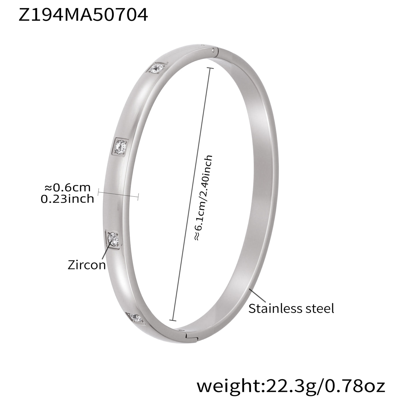 polished silver stainless steel square zircon bangle spec view, inner diameter 6.1cm, weight 22.3g