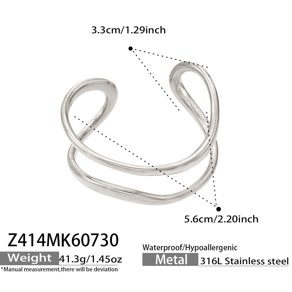 Polished steel double loop cuff bracelet dimensions, weight and product specification guide