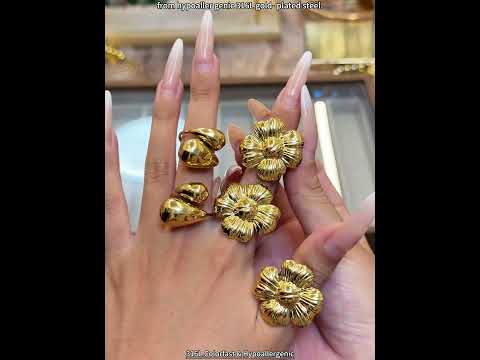 316L Stainless Steel 18K Gold Open Statement Ring – Flower & Teardrop