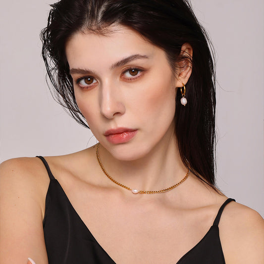 316L Stainless Steel 18K Gold Plated Minimalist Single Pearl Chain Necklace & Earring Set - Image 1