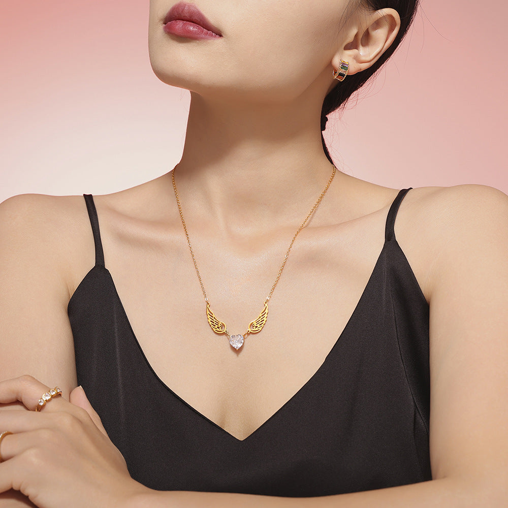 316L Stainless Steel Elegant Heart Zircon Angel Wings Versatile Necklace - Image 2
