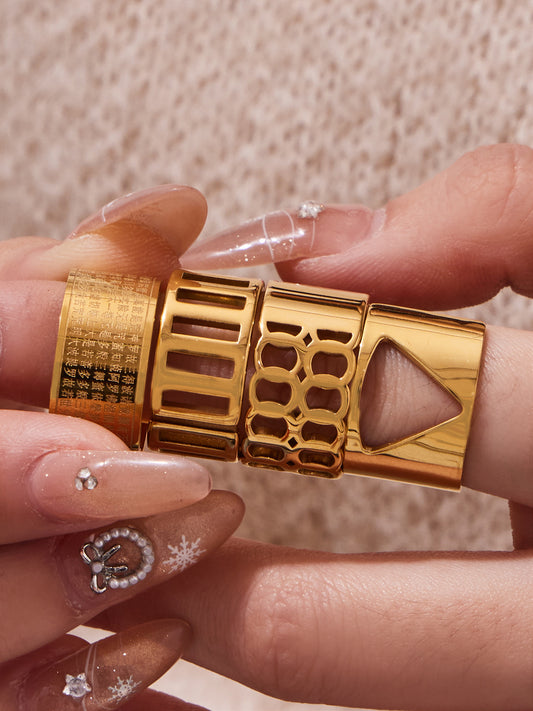 316L Stainless Steel 18K Gold Plated Wide Openwork Adjustable Ring Set - Image 4