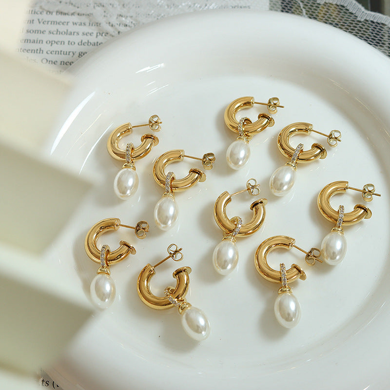 316L Stainless Steel Baroque Imitation Pearl C-Shape Stud Earrings - Image 5