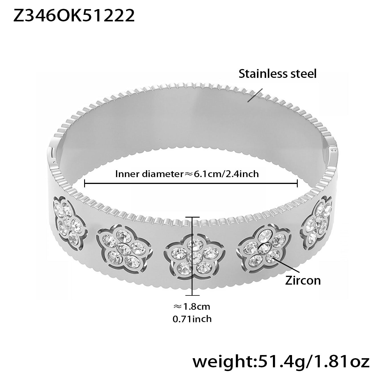 Silver PVD plated zircon flower open bangle: 6.1cm inner diameter 51.4g weight fade-resistant