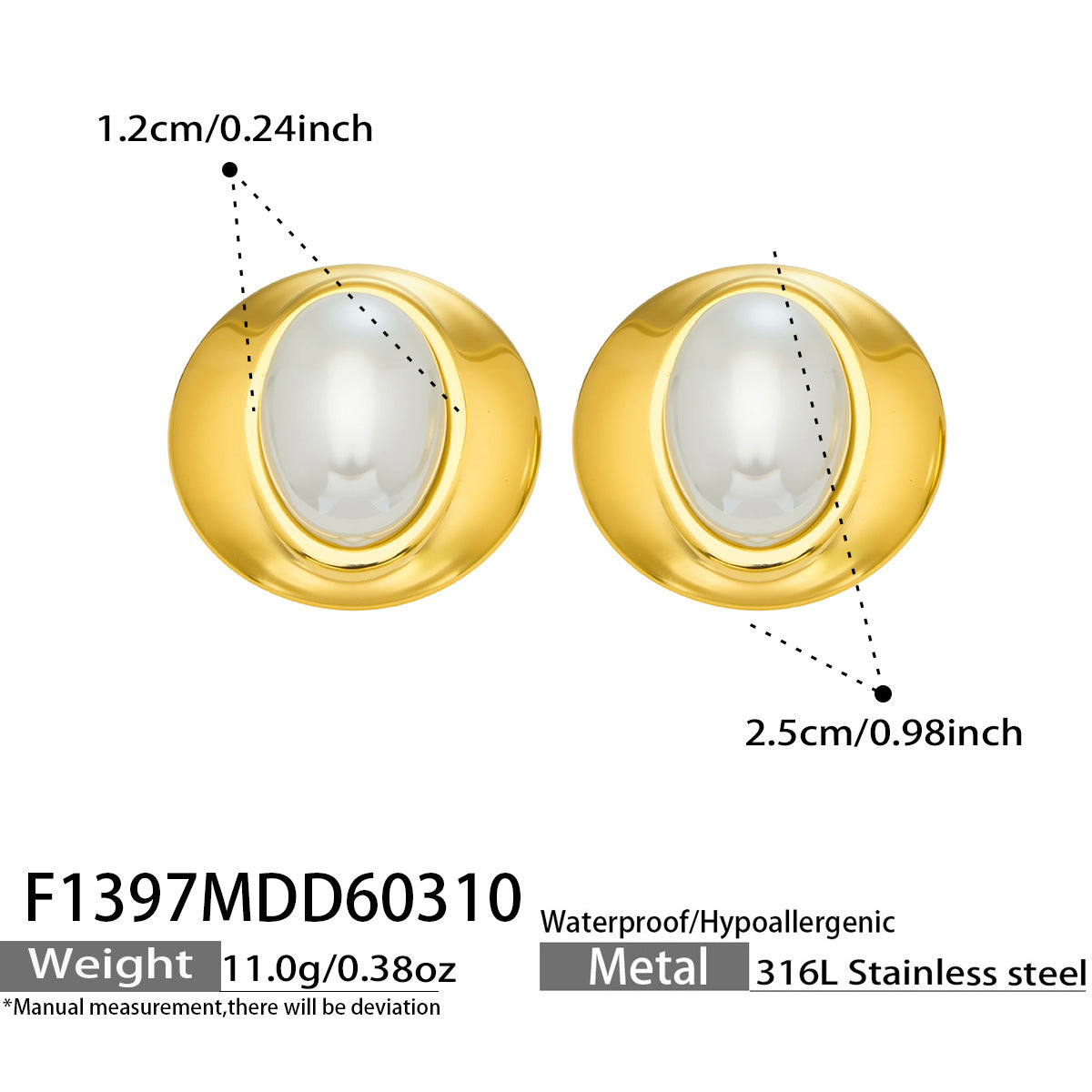 Resin dome stud earrings in 316 stainless steel with thick 18K gold plating size and product detail guide