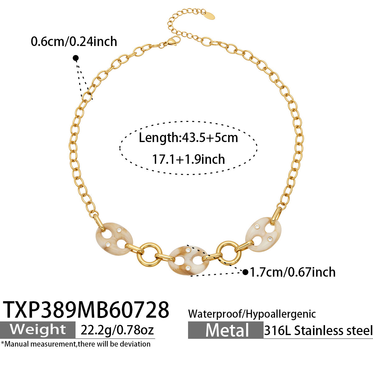Gold resin mariner link necklace length, extender and product specification guide