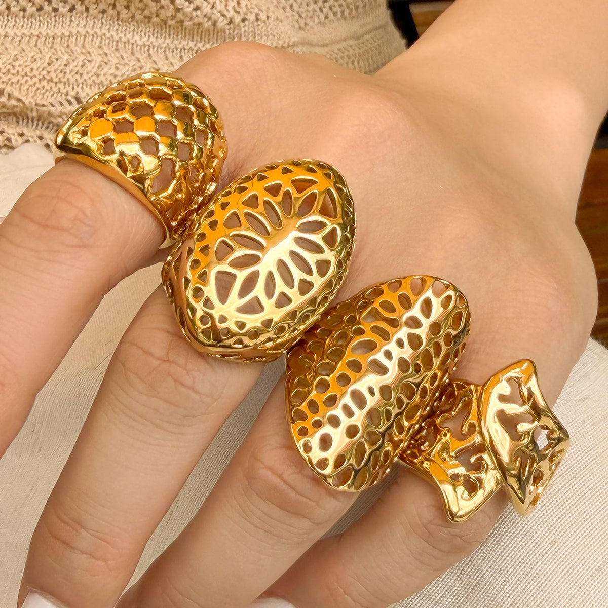 Retro Irregular Hollow Wide Ring in Gold Color