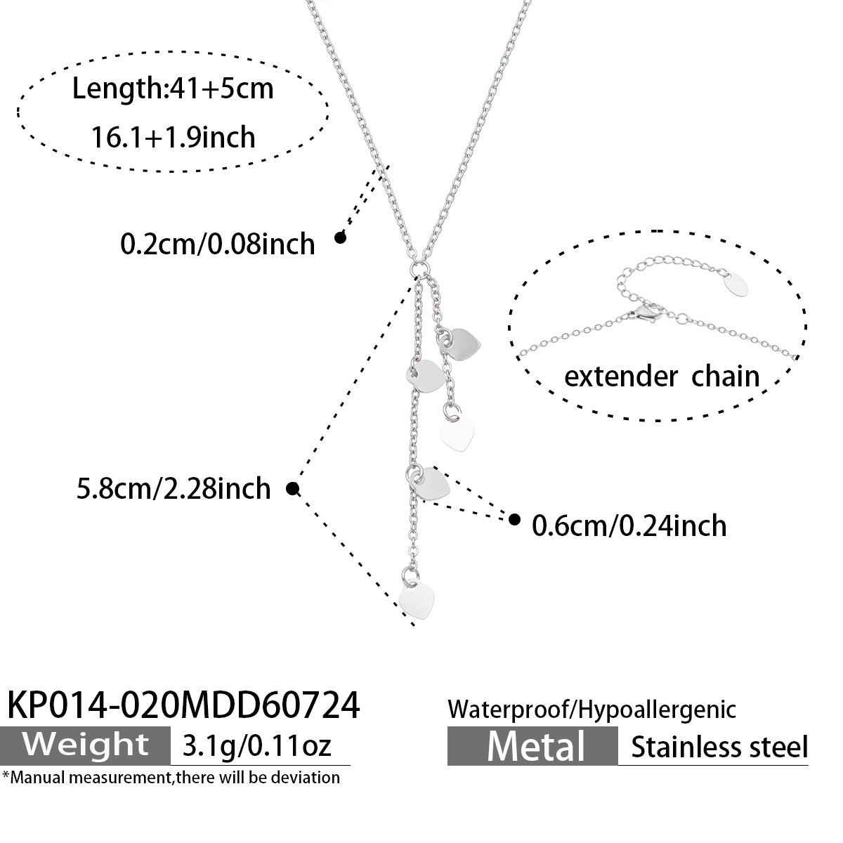 Rose gold heart Y necklace pendant dimensions and chain specification guide