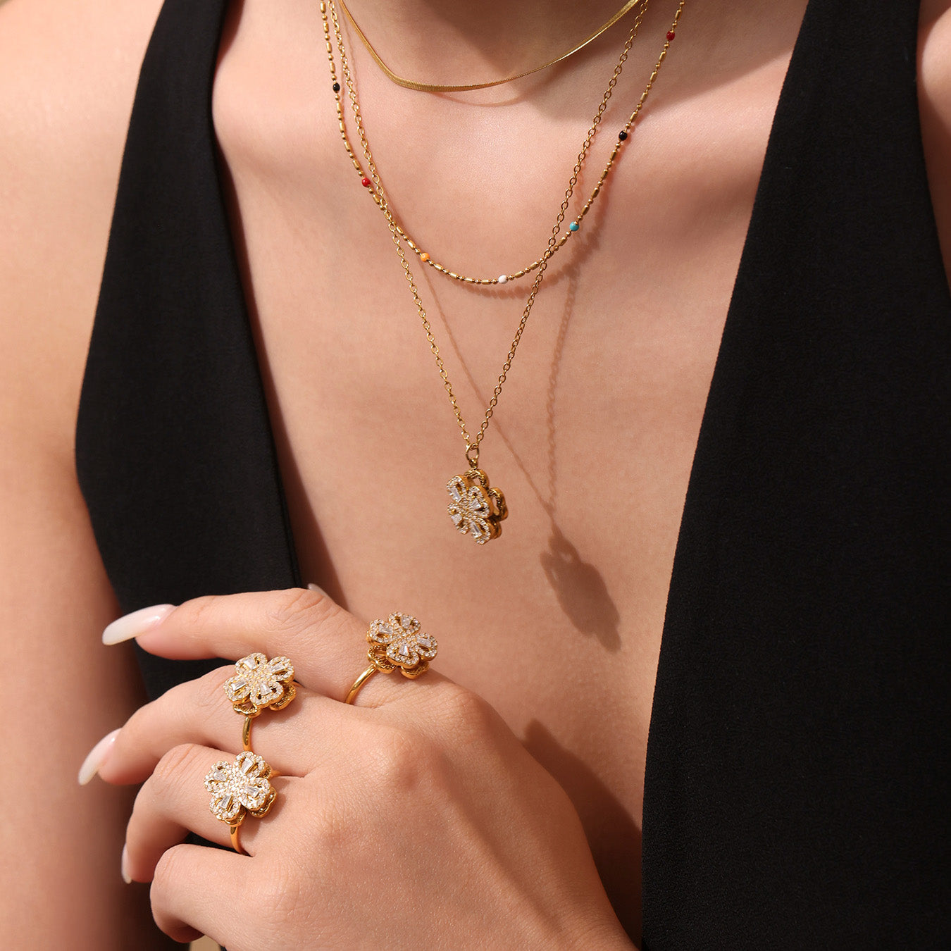316L Stainless Steel 18K PVD Gold Rotating Flower Necklace made with 316L stainless steel and 18K PVD gold finish for wholesale jewelry buyers - image 20
