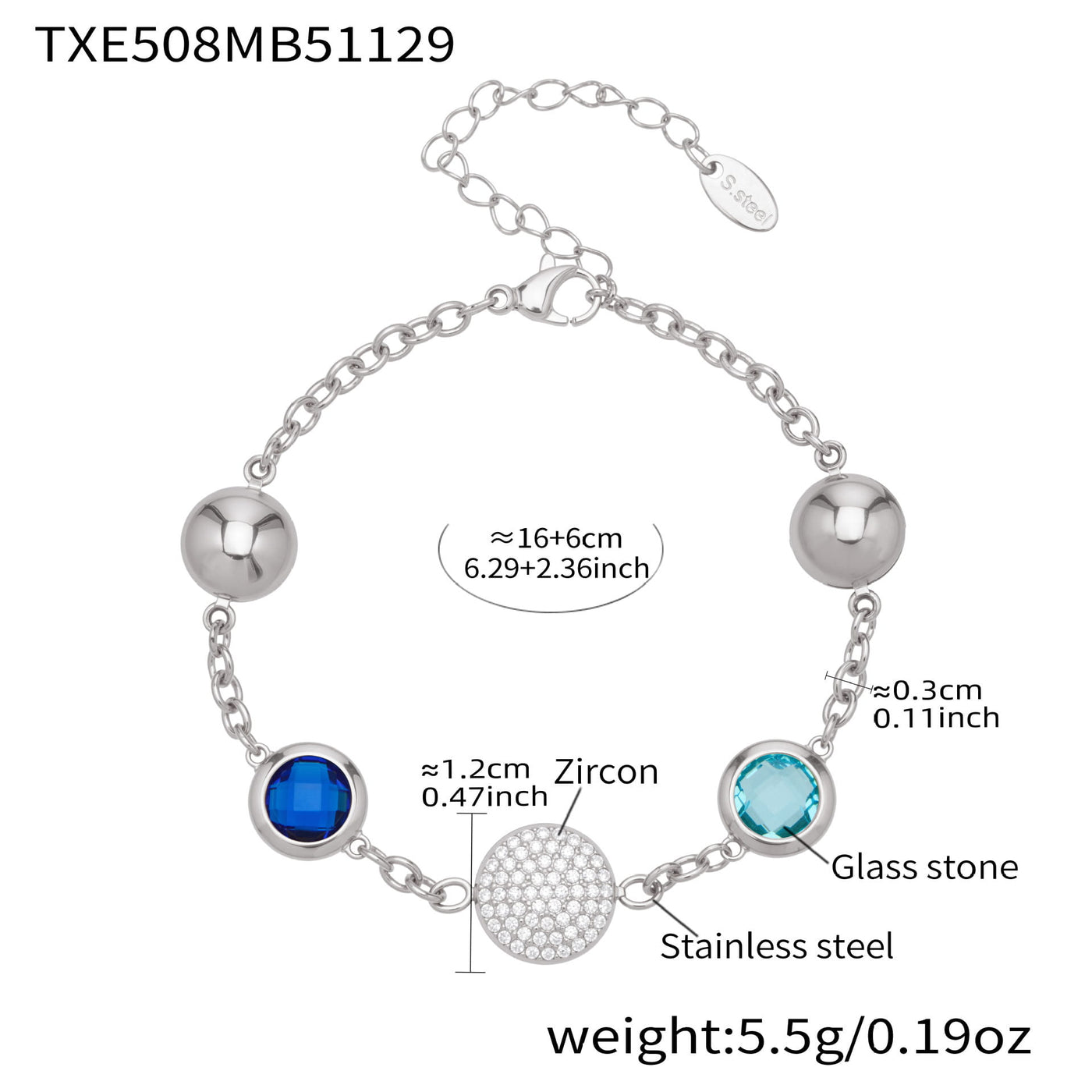Technical spec sheet for the yellow CZ bezel bracelet showcasing the high-clarity stones and steel base.