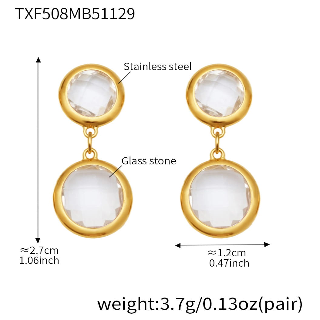 Multi-color drop earrings display featuring vibrant glass stones in surgical steel bezel settings.